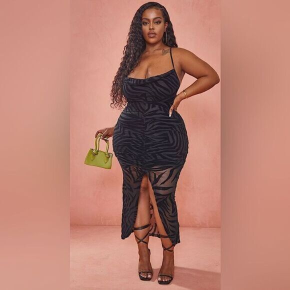 PRETTY LITTLE THING BLACK MIDI DRESS - Picture 1 of 13